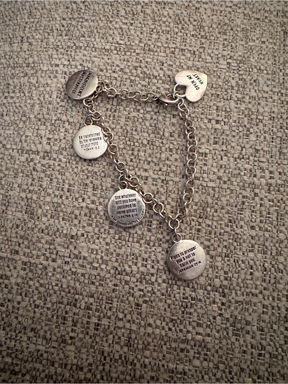 The Farmer and The Belle Silver Scripture Charm Bracelet Christian Religious 7.5